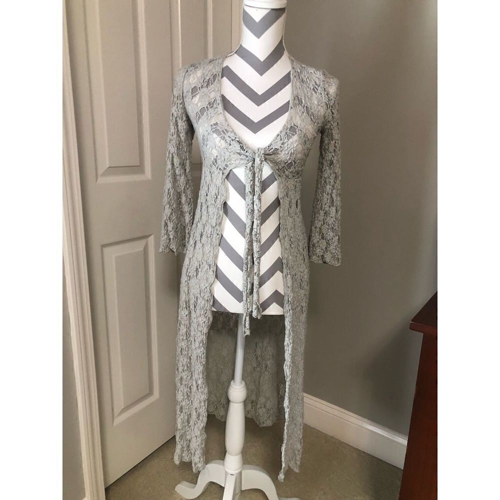 CAbi pale gray long lace duster